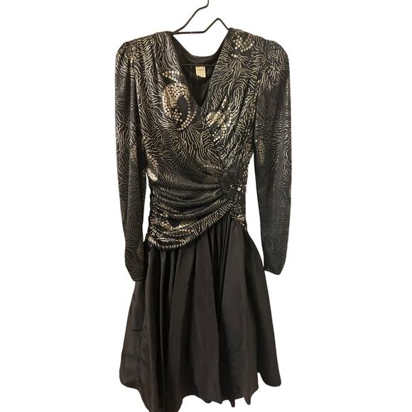 1980s LEI Dress Size 9/10 Black Metallic Beaded Rad Rouched Taffeta Prom Party - Picture 1 of 14